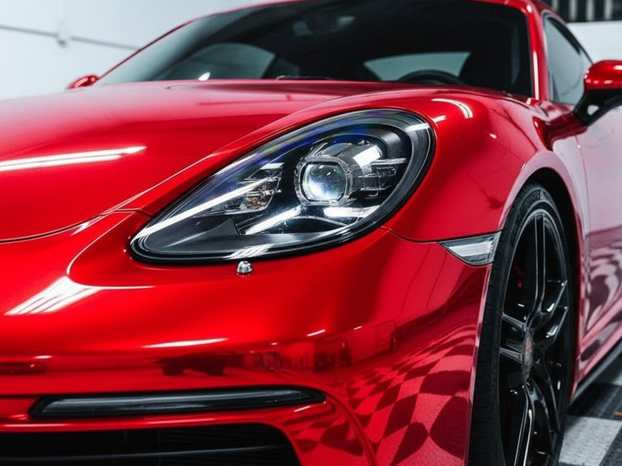 Porsche 718 Cayman wrapped in Hexis Gloss HX30000 Super Chrome Red vinyl wrap HX30SCH02B