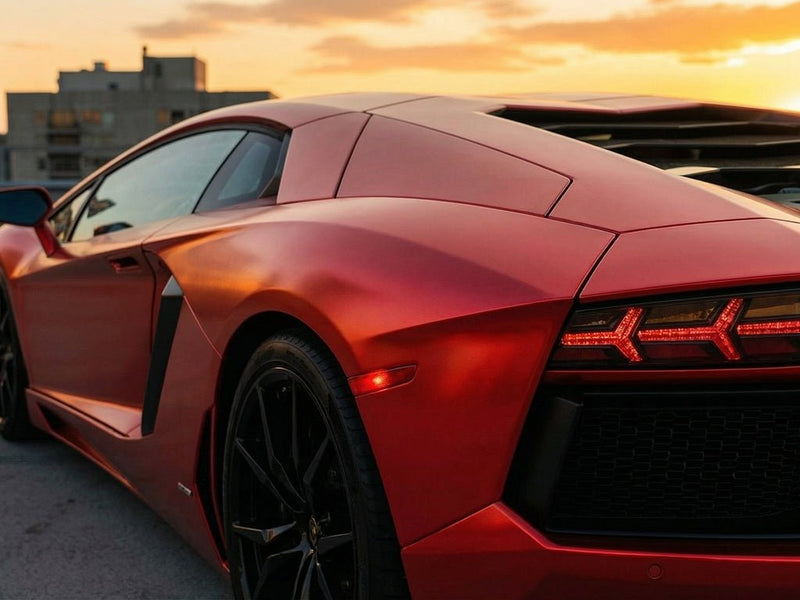 Lamborghini Aventador wrapped in Satin HX30000 Super Chrome Red restyling film HX30SCH02S