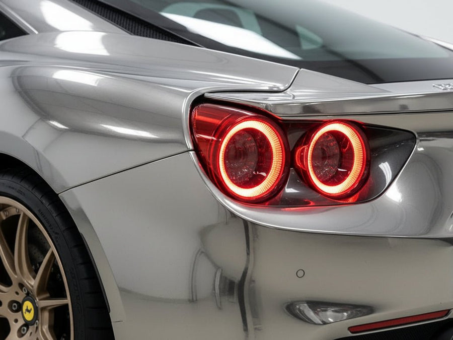 Ferrari GTC4Lusso wrapped in Gloss HX30000 Super Chrome Titanium wrap film HX30SCH03B