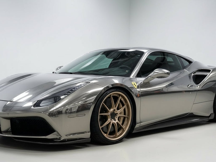 Ferrari 488 wrapped in Gloss HX30000 Super Chrome Titanium automotive vinyl film HX30SCH03B