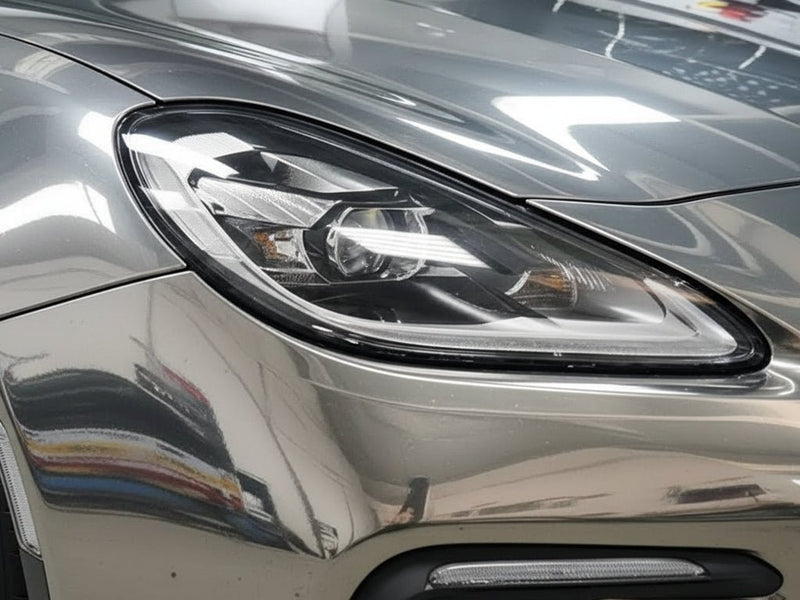 Porsche Panamera wrapped in Hexis Gloss HX30000 Super Chrome Titanium restyling film HX30SCH03B