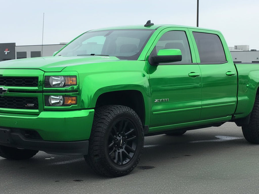 Chevrolet Silverado wrapped in Hexis Gloss HX30000 Super Chrome Green automotive vinyl film HX30SCH04B