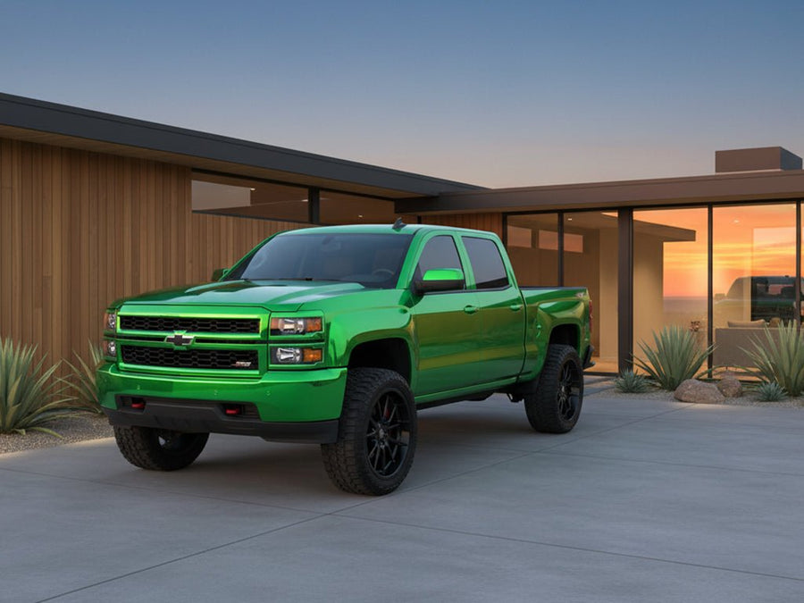 DIY Chevrolet Silverado wrapped in Gloss HX30000 Super Chrome Green restyling film HX30SCH04B