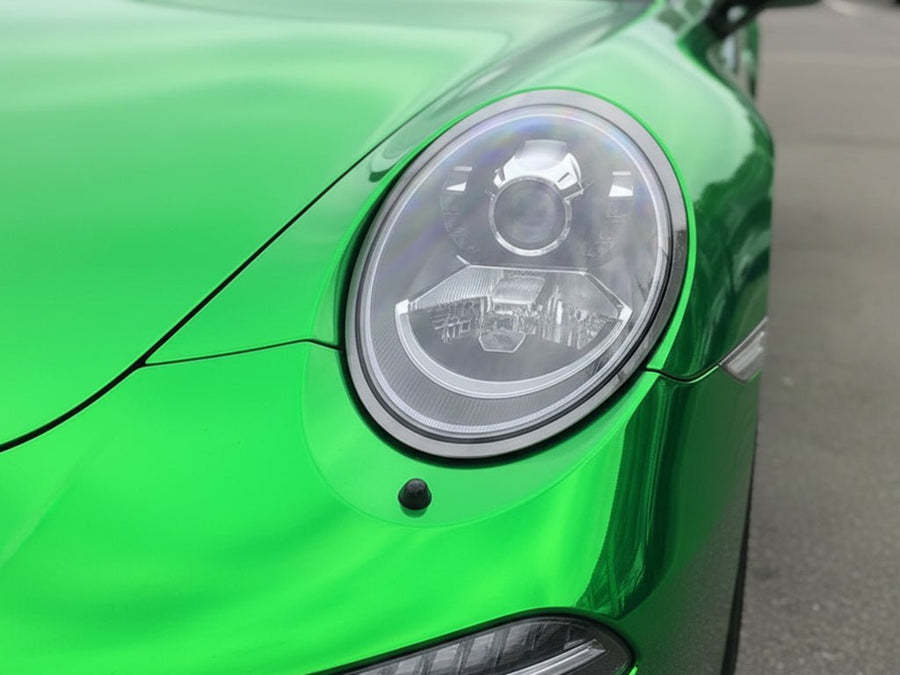 Porsche 911 wrapped in Hexis Gloss HX30000 Super Chrome Green wrap film HX30SCH04B