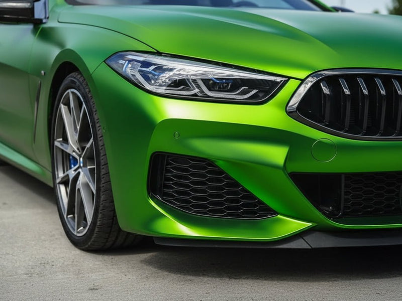 BMW 8 Series wrapped in Hexis Satin HX30000 Super Chrome Green vinyl wrap HX30SCH04S
