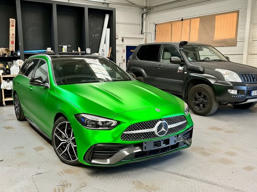 Mercedes-Benz C-Class wrapped in Hexis Satin HX30000 Super Chrome Green automotive vinyl film HX30SCH04S