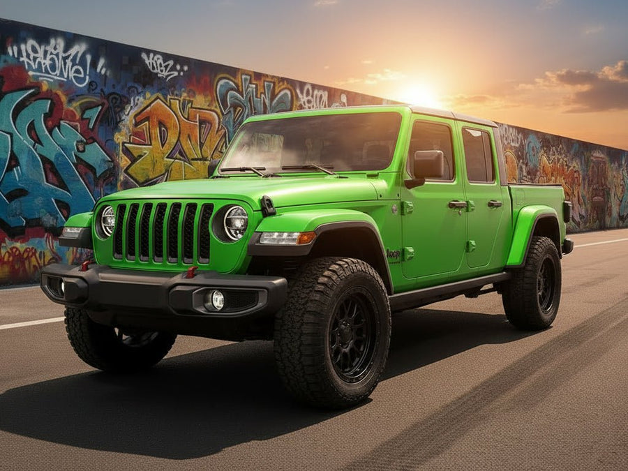 Jeep Gladiator wrapped in Satin HX30000 Super Chrome Green automotive vinyl film HX30SCH04S