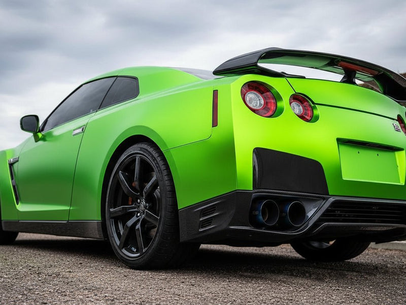Nissan GT-R wrapped in Hexis Satin HX30000 Super Chrome Green automotive vinyl film HX30SCH04S detail