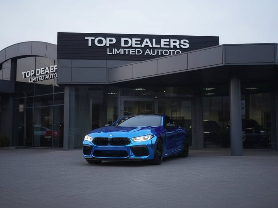 BMW M8 wrapped in Gloss HX30000 Super Chrome Blue automotive vinyl film HX30SCH05B