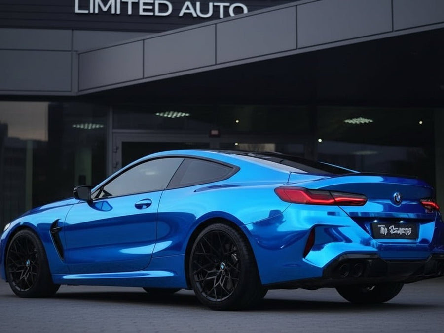 BMW M8 wrapped in Gloss HX30000 Super Chrome Blue wrap film HX30SCH05B
