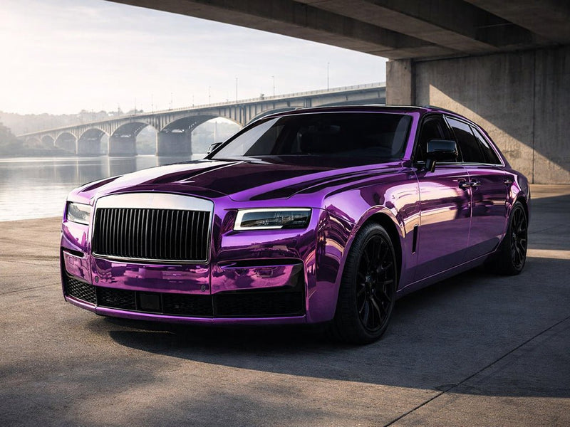 Rolls-Royce Ghost wrapped in Gloss HX30000 Super Chrome Purple automotive vinyl film HX30SCH06B