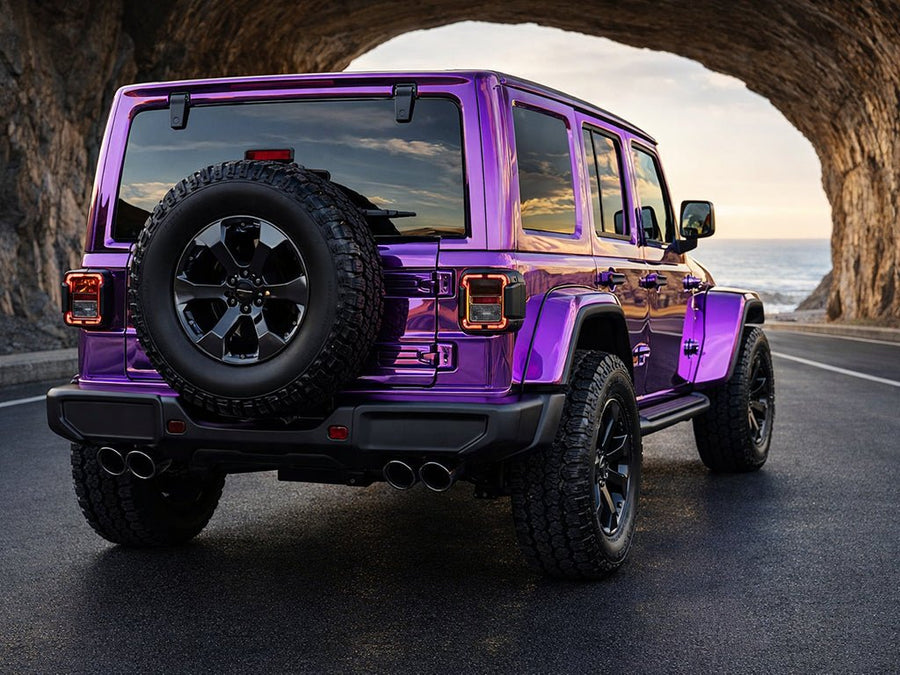 Jeep Wrangler wrapped in Hexis Gloss HX30000 Super Chrome Purple automotive vinyl film HX30SCH06B
