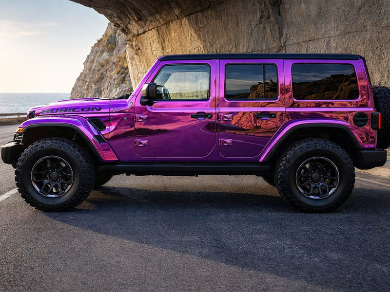 Jeep Wrangler Rubicon wrapped in Hexis Gloss HX30000 Super Chrome Purple restyling film HX30SCH06B
