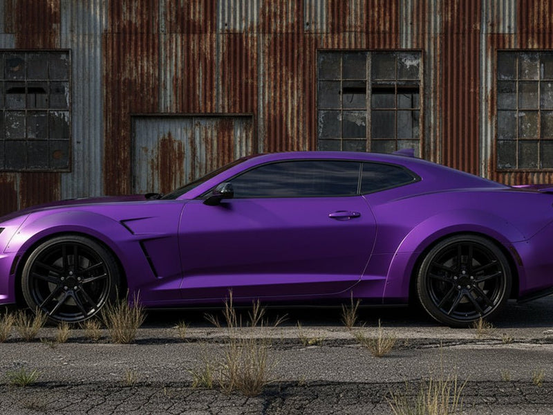 Chevrolet Camaro wrapped in Hexis Satin HX30000 Super Chrome Purple car wrap film HX30SCH06S
