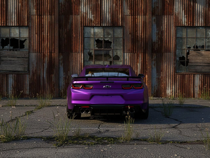 Chevrolet Camaro wrapped in Hexis Satin HX30000 Super Chrome Purple automotive vinyl film HX30SCH06S