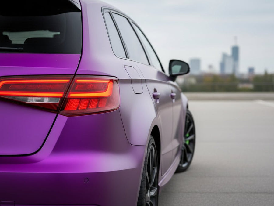 Audi A3 wrapped in Satin HX30000 Super Chrome Purple automotive vinyl film HX30SCH06S