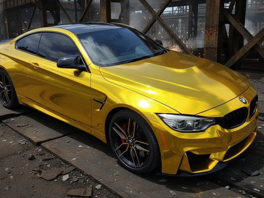 DIY BMW M4 wrapped in Gloss HX30000 Super Chrome Gold automotive vinyl film HX30SCH07B