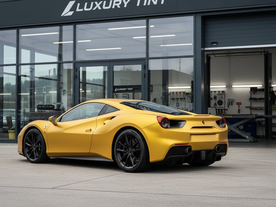 DIY Ferrari 488 wrapped in Satin HX30000 Super Chrome Gold automotive vinyl film HX30SCH07S