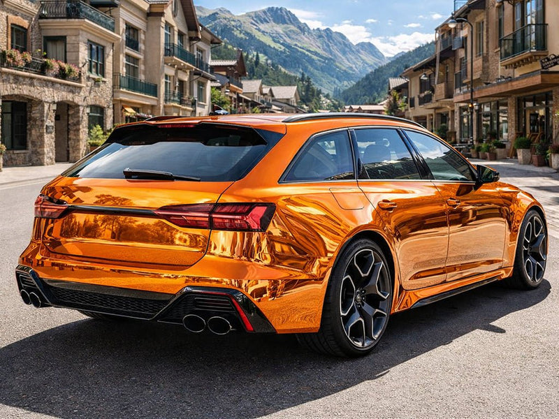 Audi RS6 Avant wrapped in Hexis Gloss HX30000 Super Chrome Orange automotive vinyl film HX30SCH08B