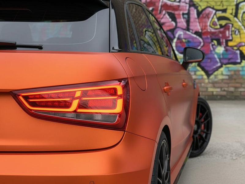 Audi A3 wrapped in Hexis Satin HX30000 Super Chrome Orange restyling film HX30SCH08S
