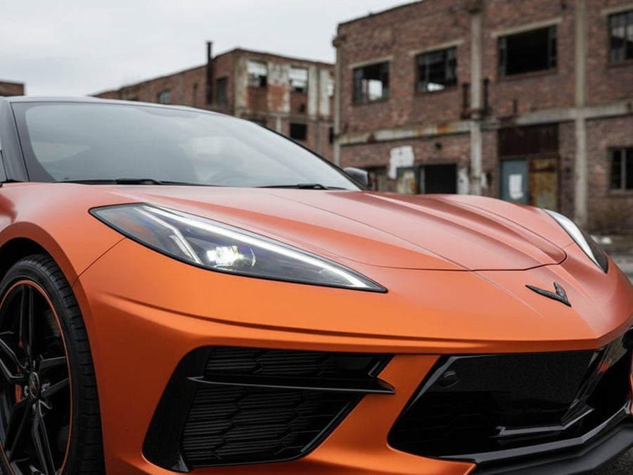 Chevrolet Corvette wrapped in Satin HX30000 Super Chrome Orange automotive vinyl film HX30SCH08S