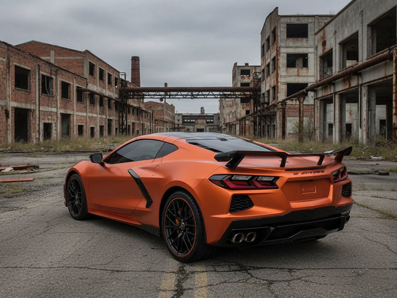 Chevrolet Corvette C8 wrapped in Hexis Satin HX30000 Super Chrome Orange restyling film HX30SCH08S