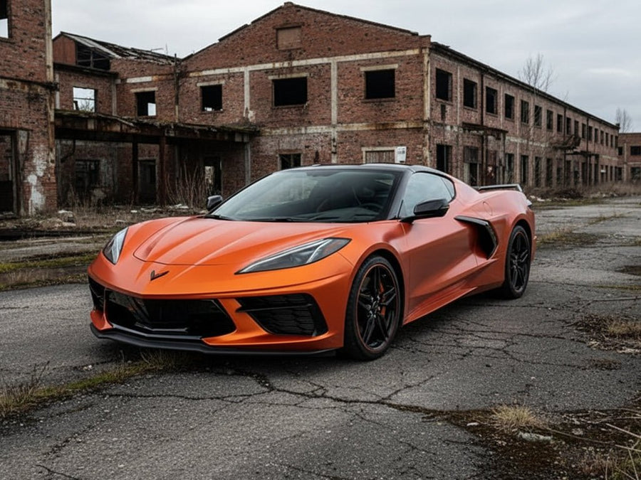 Chevrolet Corvette C8 wrapped in Satin HX30000 Super Chrome Orange restyling film HX30SCH08S