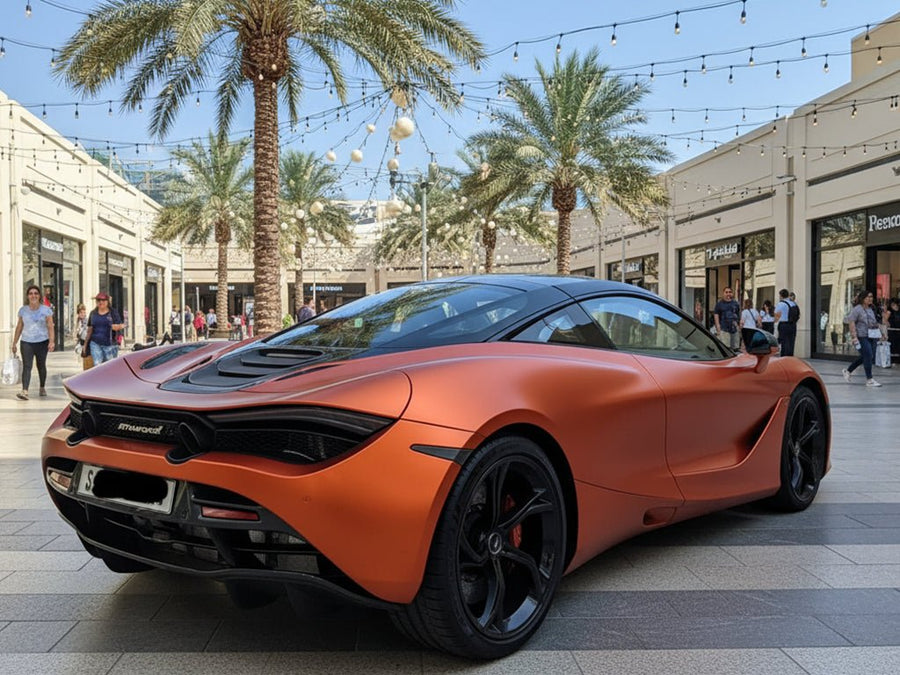 McLaren 720S wrapped in Hexis Satin HX30000 Super Chrome Orange car wrap film HX30SCH08S