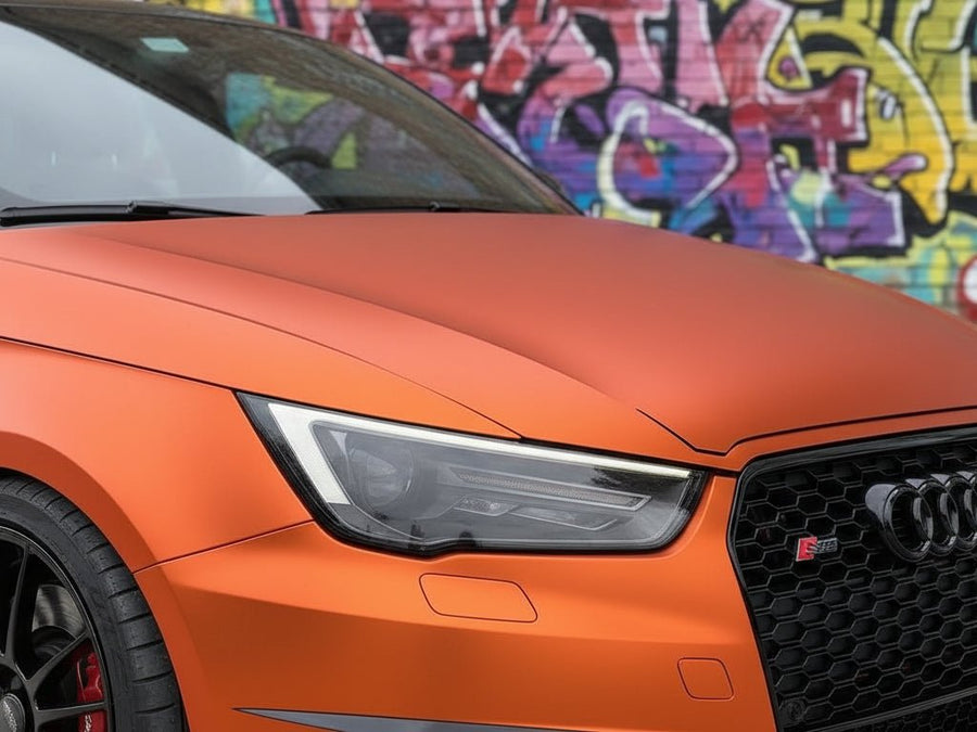 Audi S1 wrapped in Satin HX30000 Super Chrome Orange restyling film HX30SCH08S