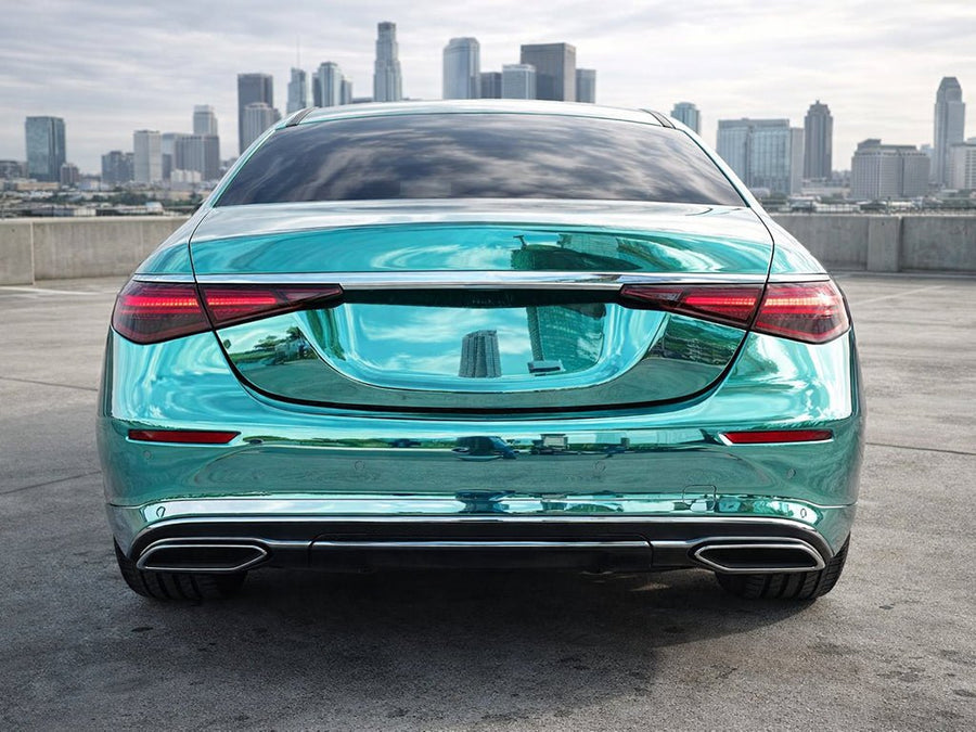 Mercedes-Benz S-Class wrapped in Hexis Gloss HX30000 Super Chrome Turquoise car wrap film HX30SCH09B