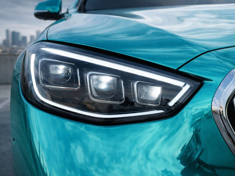 Mercedes-Benz S-Class wrapped in Hexis Gloss HX30000 Super Chrome Turquoise car wrap film HX30SCH09B detail