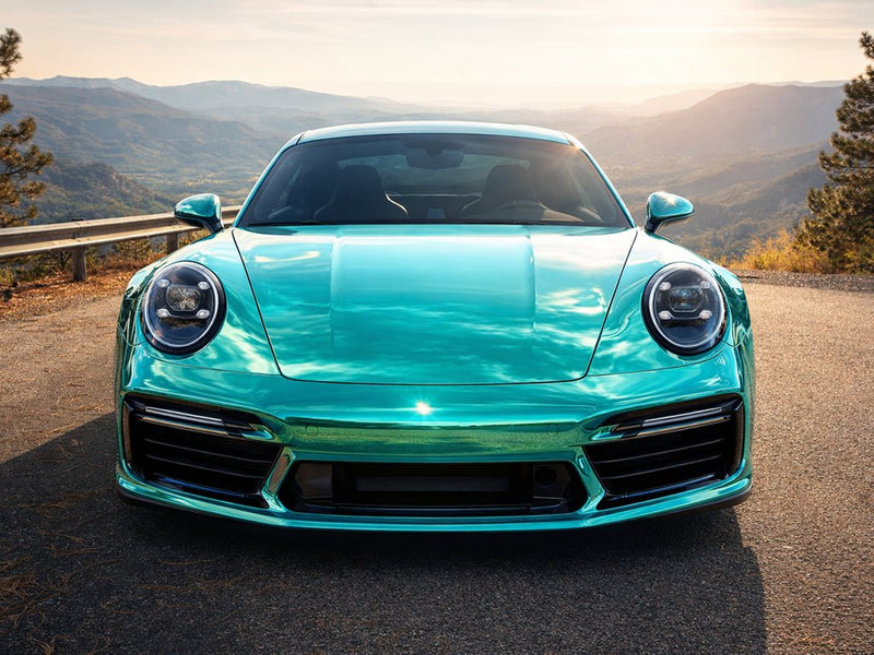 Porsche 911 wrapped in Hexis Gloss HX30000 Super Chrome Turquoise wrap film HX30SCH09B