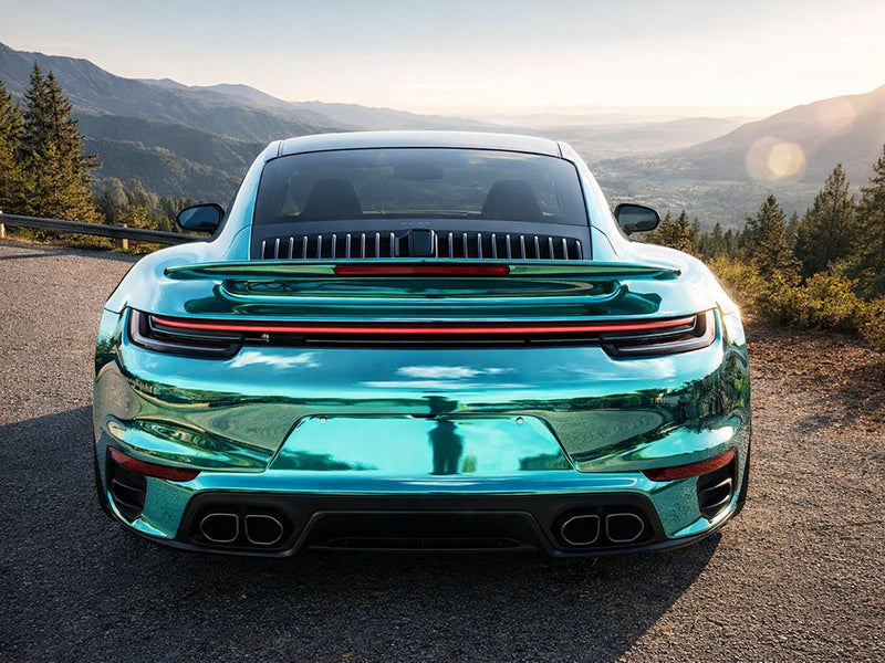 DIY Porsche 911 wrapped in Gloss HX30000 Super Chrome Turquoise restyling film HX30SCH09B detail