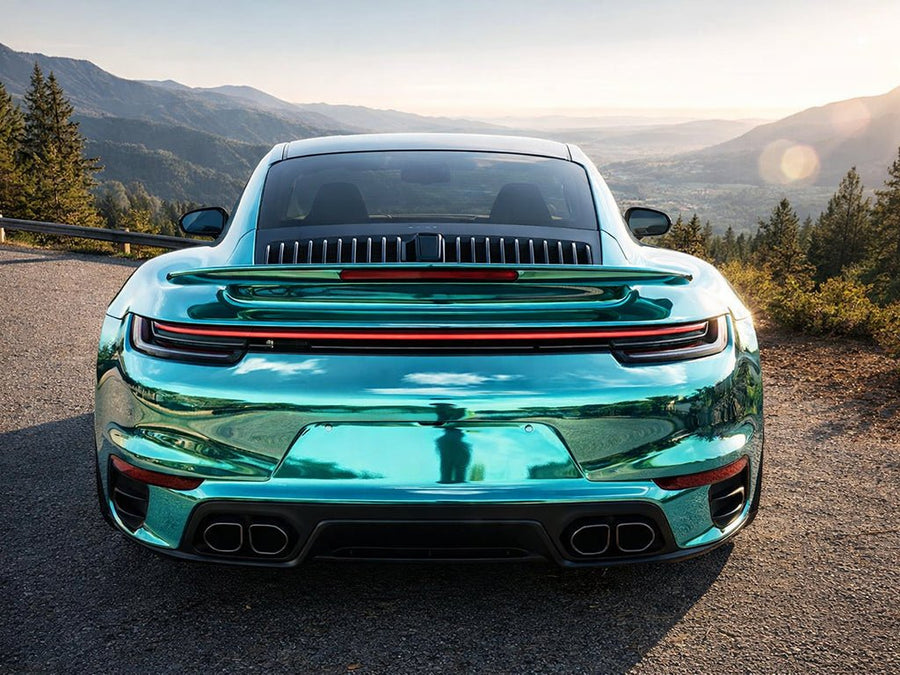 DIY Porsche 911 wrapped in Gloss HX30000 Super Chrome Turquoise restyling film HX30SCH09B detail
