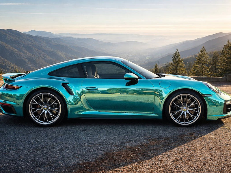 Porsche 911 Turbo S wrapped in Hexis Gloss HX30000 Super Chrome Turquoise restyling film HX30SCH09B