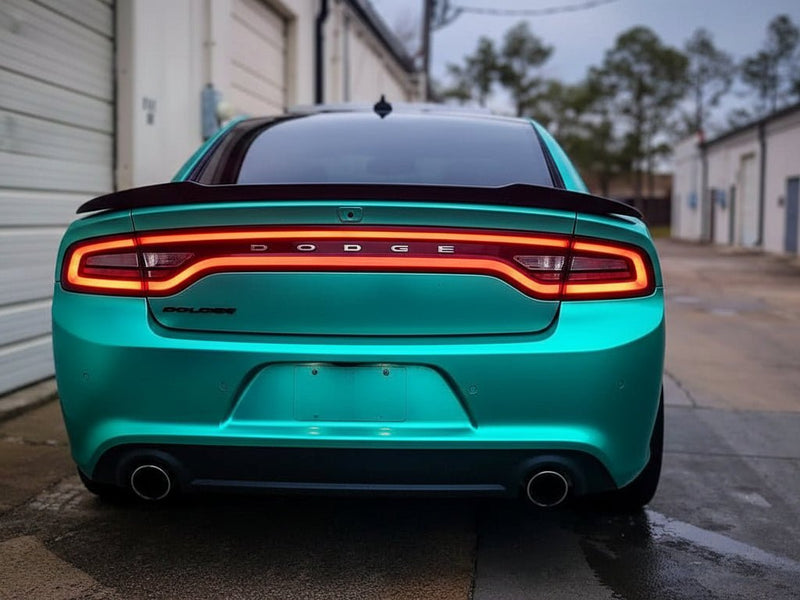 Dodge Charger wrapped in Hexis Satin HX30000 Super Chrome Turquoise wrap film HX30SCH09S