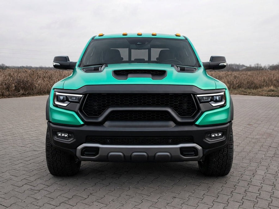 DIY Ram 1500 TRX wrapped in Satin HX30000 Super Chrome Turquoise restyling film HX30SCH09S
