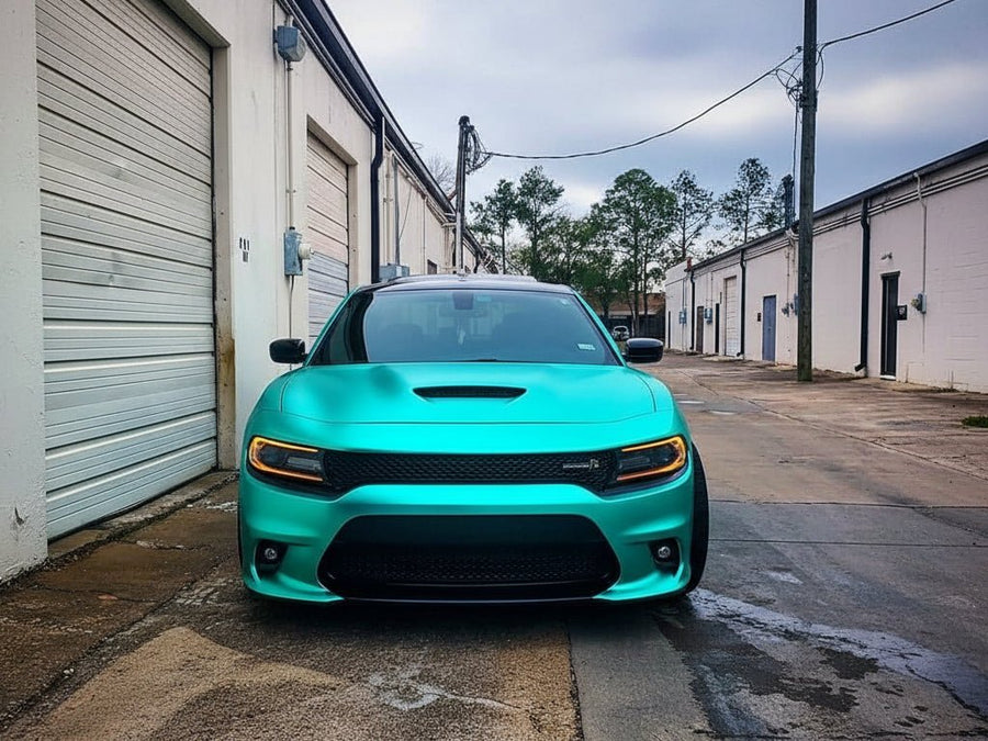Dodge Charger wrapped in Satin HX30000 Super Chrome Turquoise automotive vinyl film HX30SCH09S