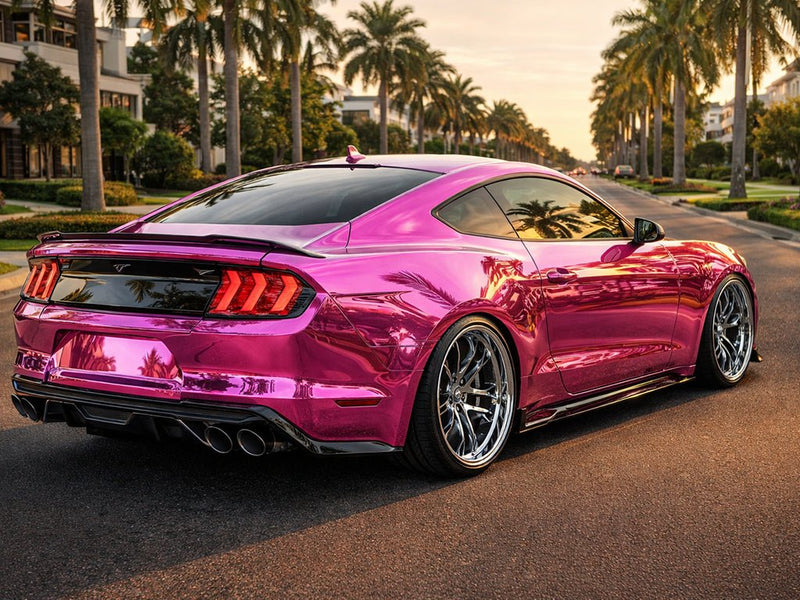 Ford Mustang wrapped in Gloss HX30000 Super Chrome Pink wrap film HX30SCH10B