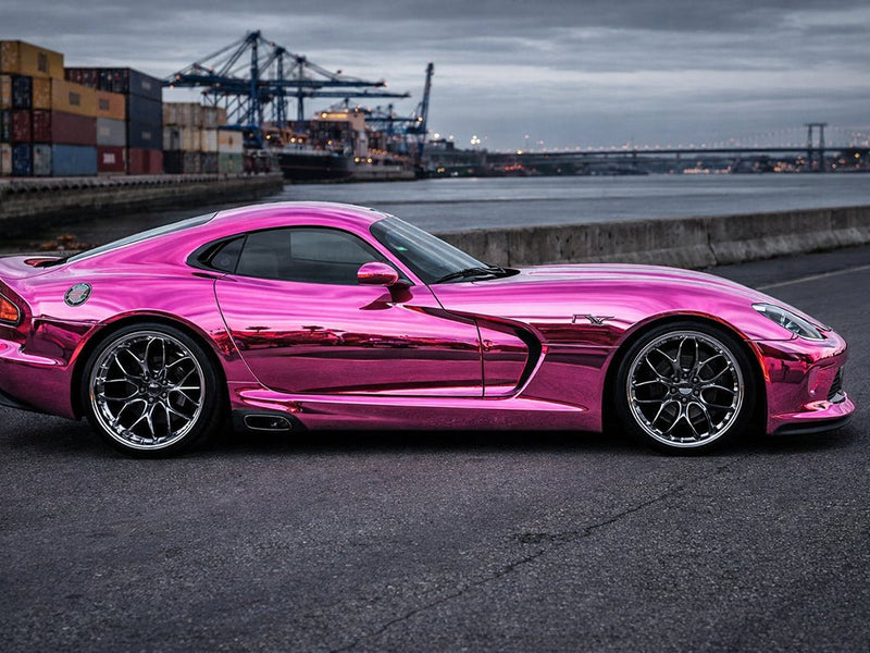 Dodge Viper wrapped in Hexis Gloss HX30000 Super Chrome Pink automotive vinyl film HX30SCH10B