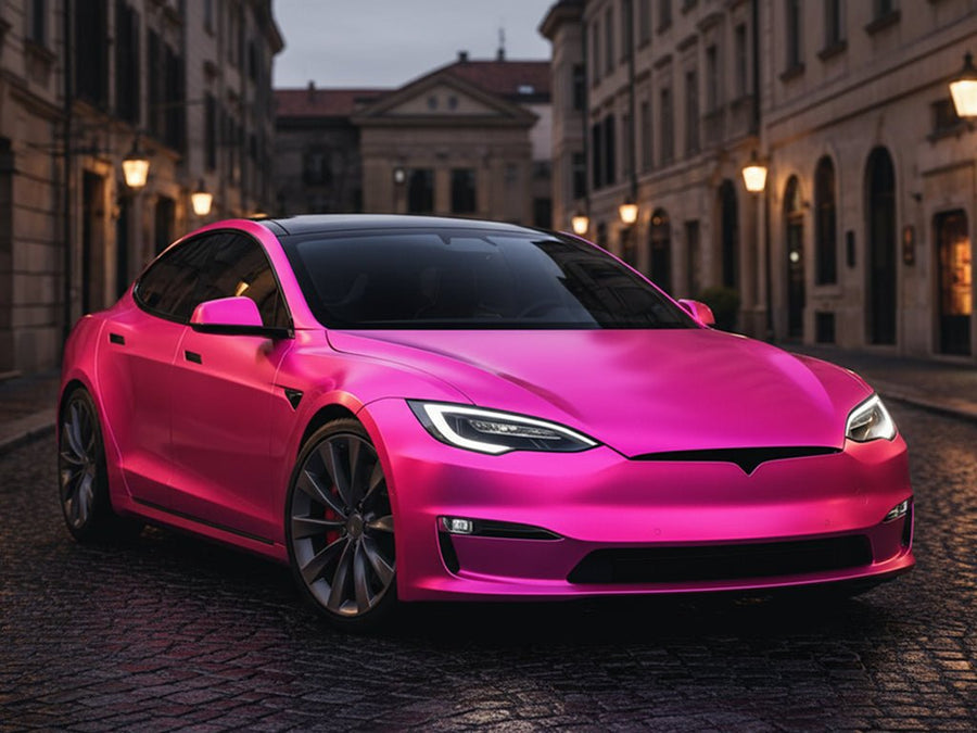 DIY Tesla S wrapped in Satin HX30000 Super Chrome Pink restyling film HX30SCH10S