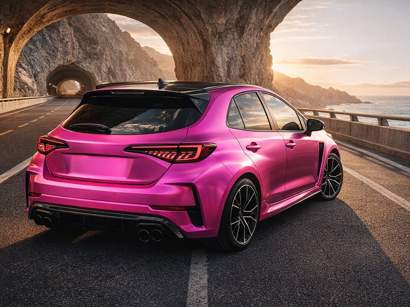 Toyota GR Yaris wrapped in Satin HX30000 Super Chrome Pink vinyl wrap HX30SCH10S