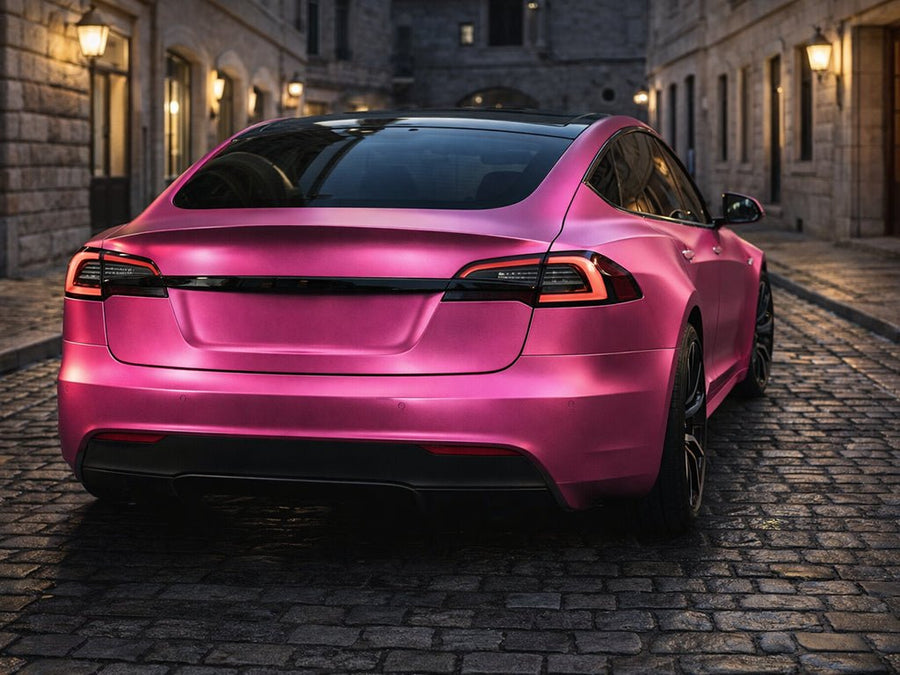 DIY Tesla S wrapped in Satin HX30000 Super Chrome Pink automotive vinyl film HX30SCH10S