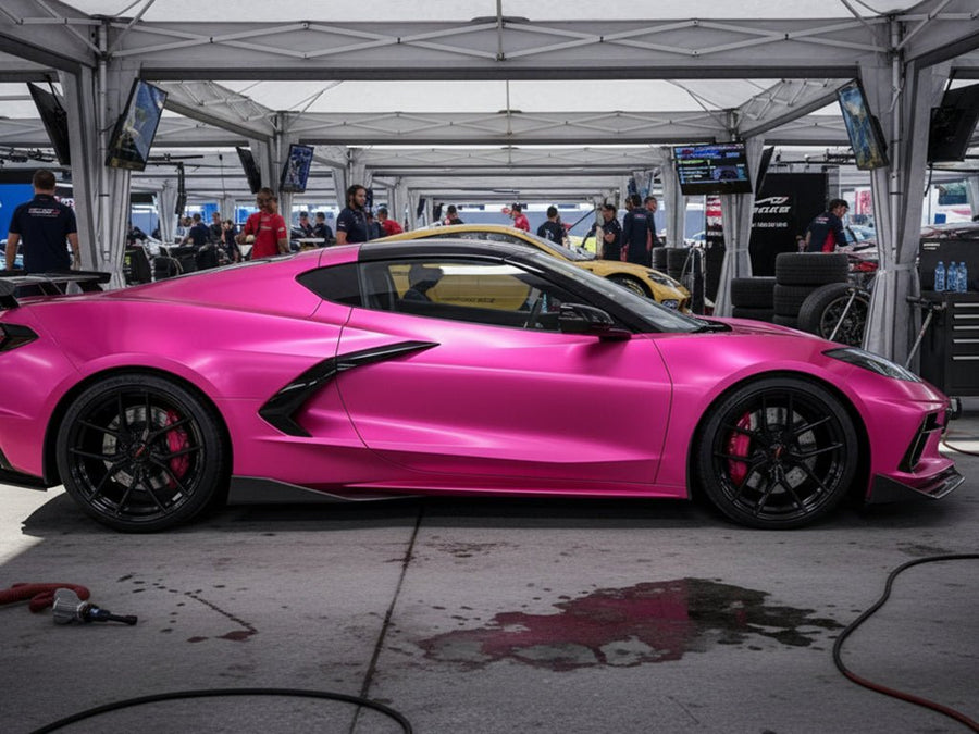 DIY Chevrolet Corvette wrapped in Satin HX30000 Super Chrome Pink automotive vinyl film HX30SCH10S