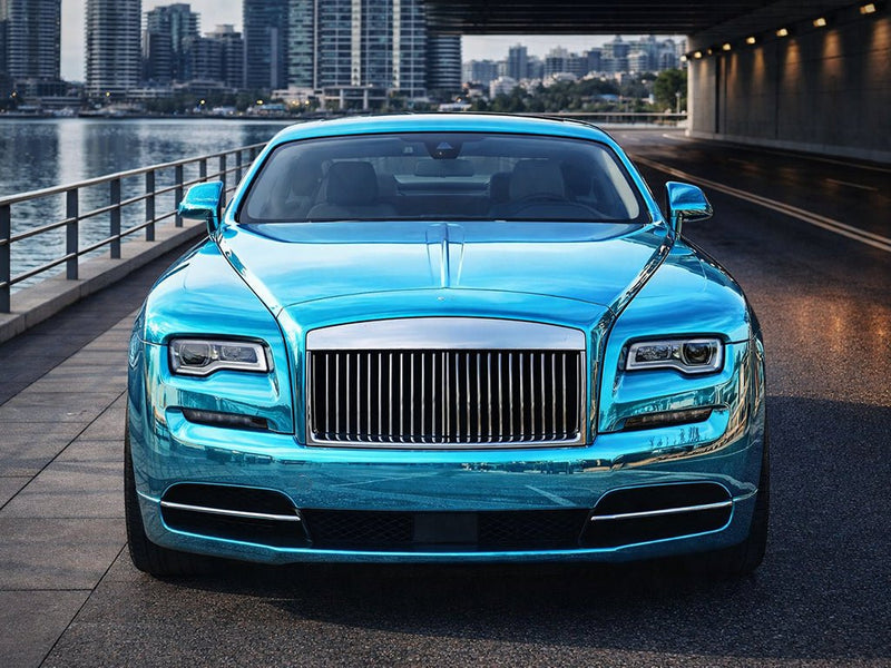 Rolls-Royce Wraith wrapped in Gloss HX30000 Super Chrome Light Blue vinyl wrap HX30SCH11B