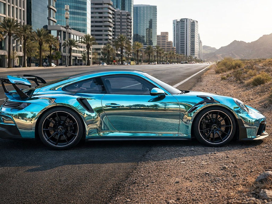 DIY Porsche 911 wrapped in Gloss HX30000 Super Chrome Light Blue wrap film HX30SCH11B