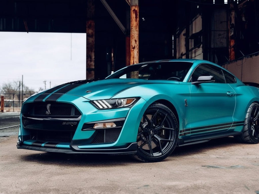 DIY Ford Mustang Shelby GT500 wrapped in Satin HX30000 Super Chrome Light Blue restyling film HX30SCH11S
