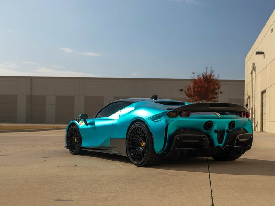 DIY Ferrari SF90 Stradale wrapped in Satin HX30000 Super Chrome Light Blue restyling film HX30SCH11S