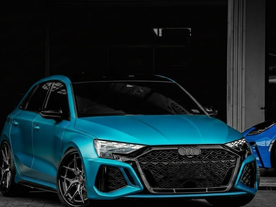 Audi RS3 wrapped in Satin HX30000 Super Chrome Light Blue restyling film HX30SCH11S