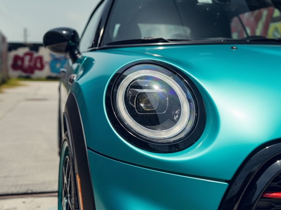 MINI Cooper wrapped in Hexis Satin HX30000 Super Chrome Light Blue wrap film HX30SCH11S